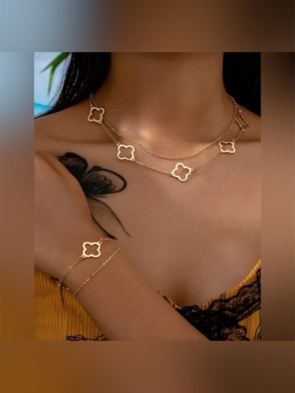 Gold Clover Chain Necklace & Bracelet Set